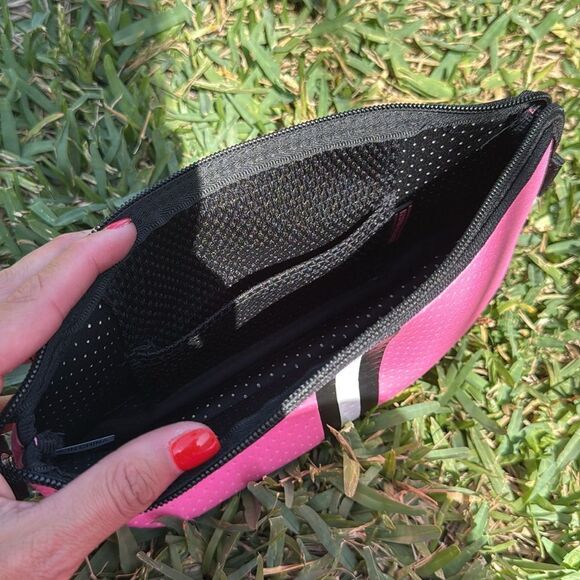 Pink Striped Cosmetic Pouch Neoprene NWT Travel Case - Picture 3 of 3